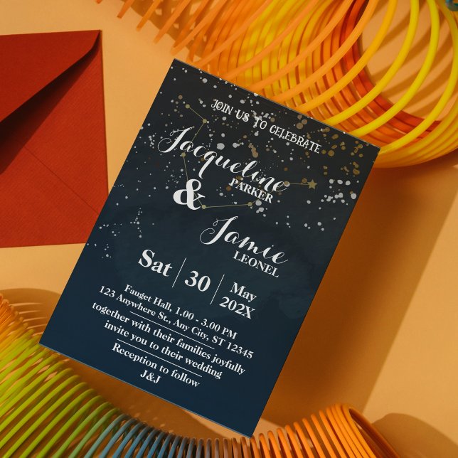 Modelo de Convite de Casamento Celestial Azul-Mari (Navy and Gold Night Sky Wedding Invitation Template)