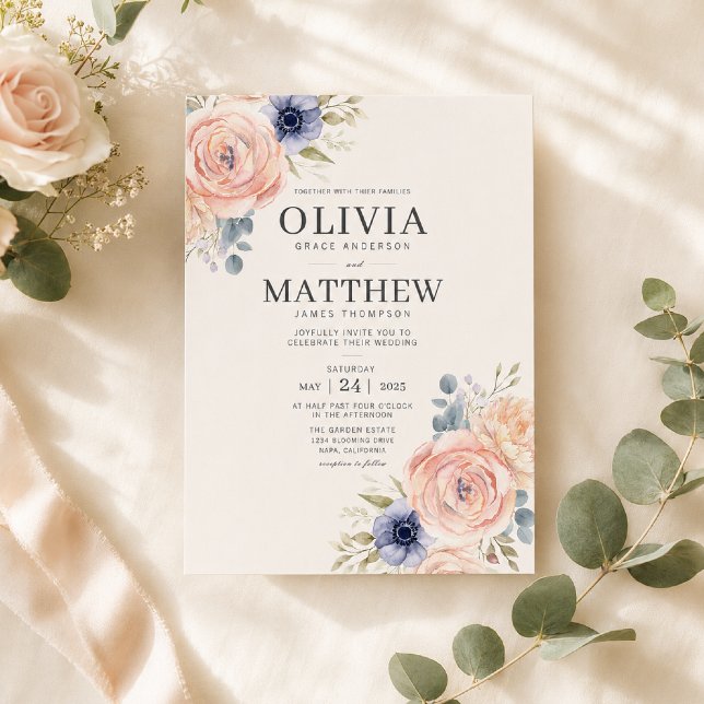 Modelo de Convite de Casamento com Peônias Românti (Elegant watercolor florals for a timeless romantic wedding invitation.)