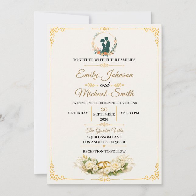 Modelo de Convite de Casamento em Ouro Elegante (Frente)
