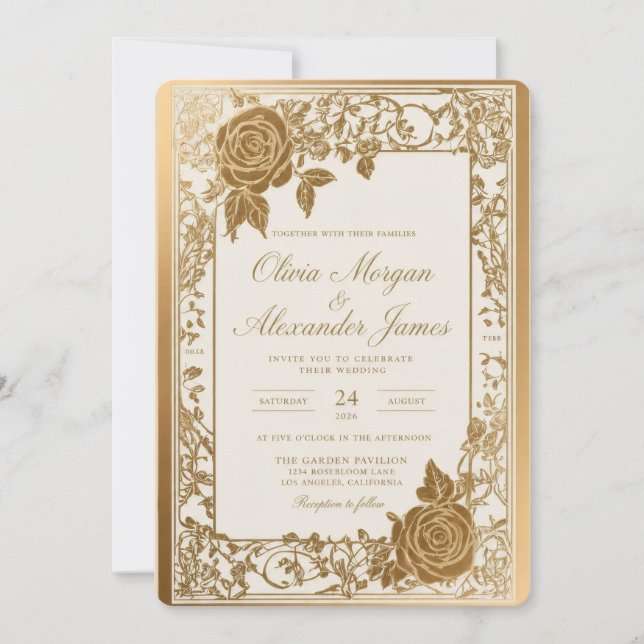 Modelo de Convite de Casamento em Ouro Elegante (Frente)