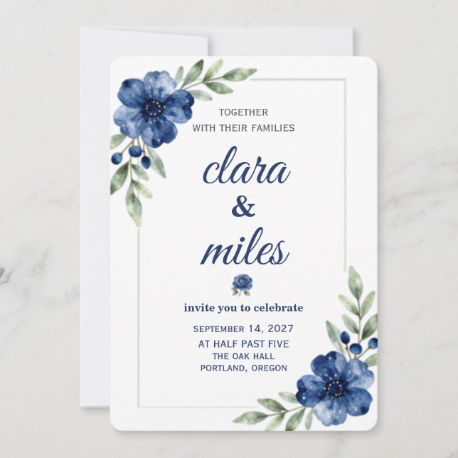 Modelo de Convite de Casamento Floral Aquarela Azu (Frente)