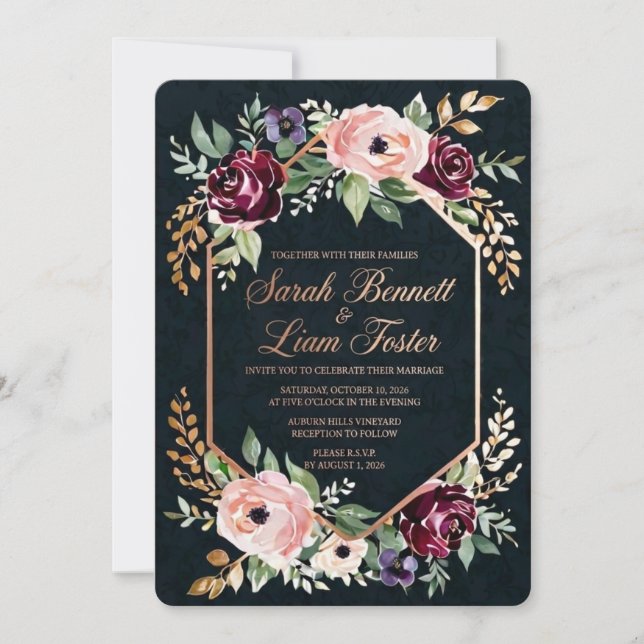 Modelo de Convite de Casamento Floral Borgonha Lux (Frente)