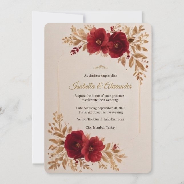 Modelo de Convite de Casamento Floral Borgonha Lux (Frente)