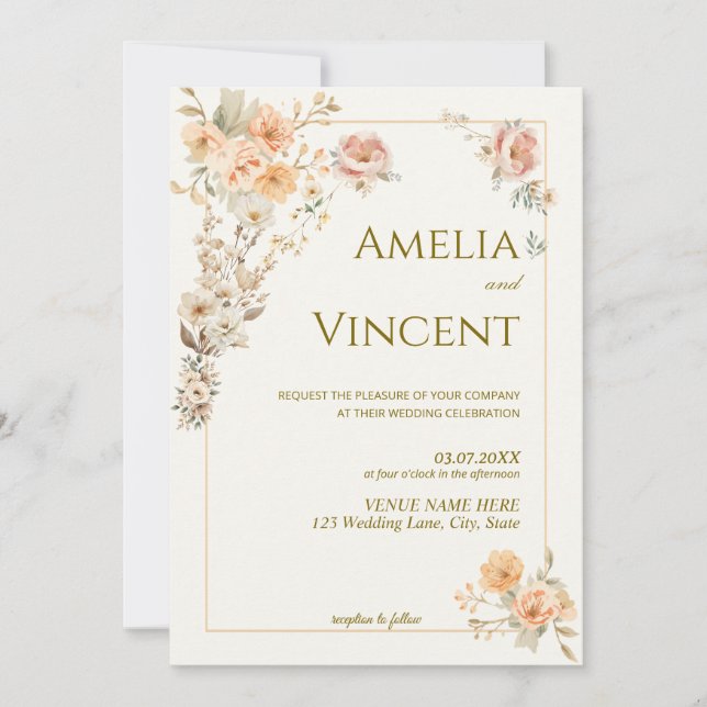 Modelo de Convite de Casamento Floral Dourado Eleg (Frente)