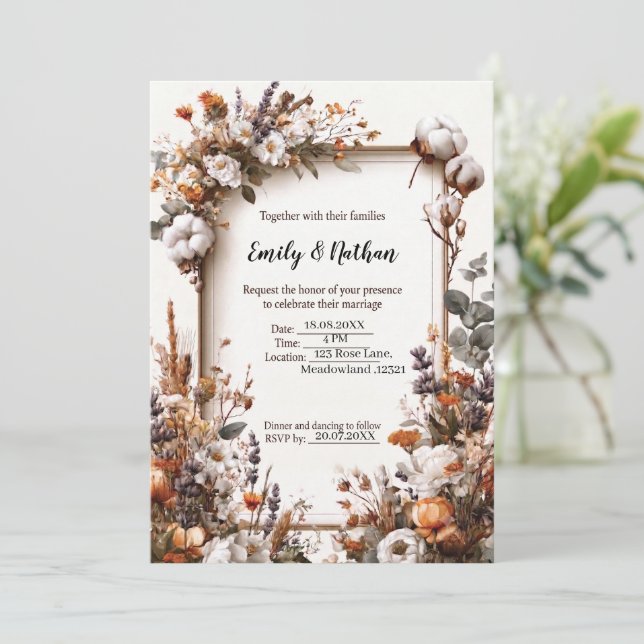 Modelo de Convite de Casamento Floral Elegante  (Em pé/Frente)