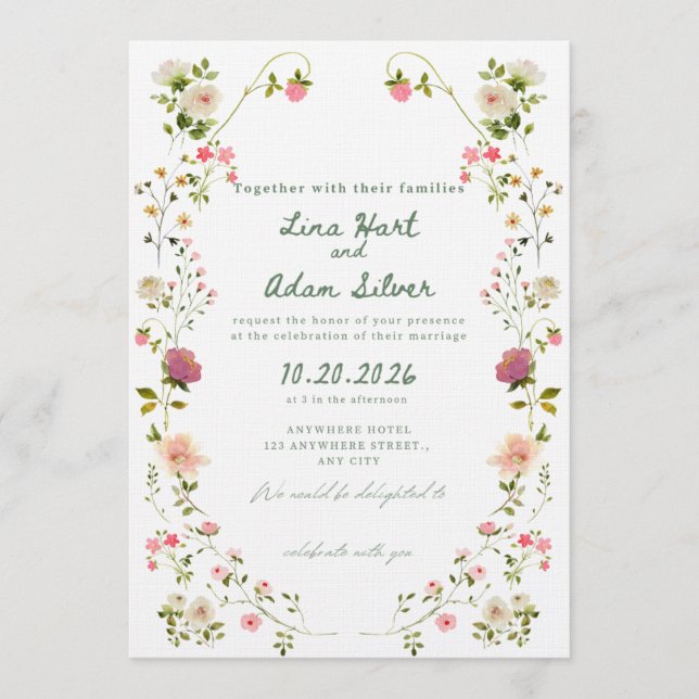 Modelo de Convite de Casamento Floral em Aquarela (Frente)