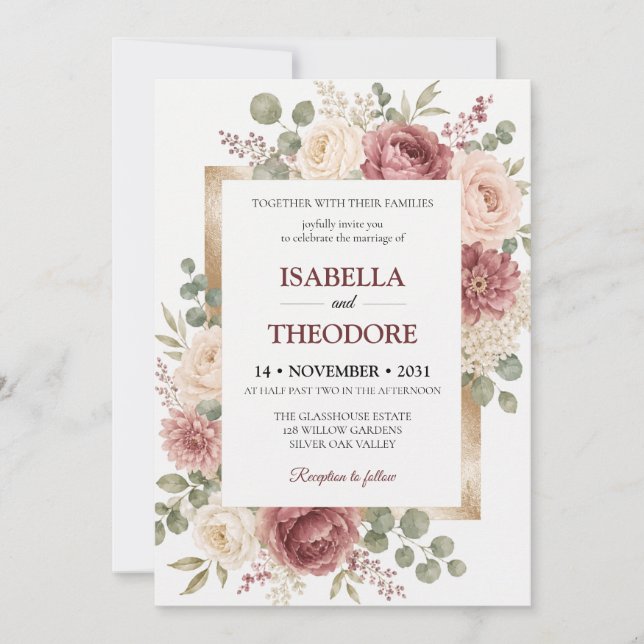 Modelo de Convite de Casamento Floral em Aquarela  (Frente)