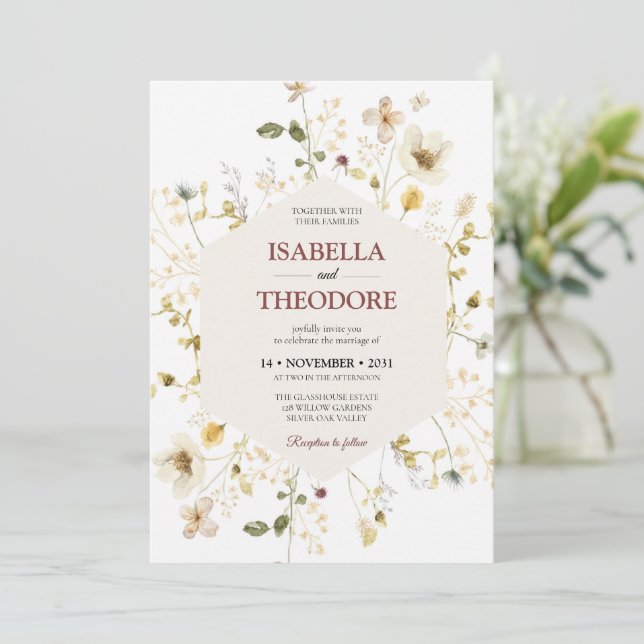 Modelo de Convite de Casamento Floral em Aquarela  (Em pé/Frente)