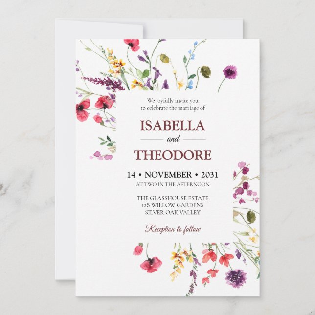 Modelo de Convite de Casamento Floral em Aquarela  (Frente)