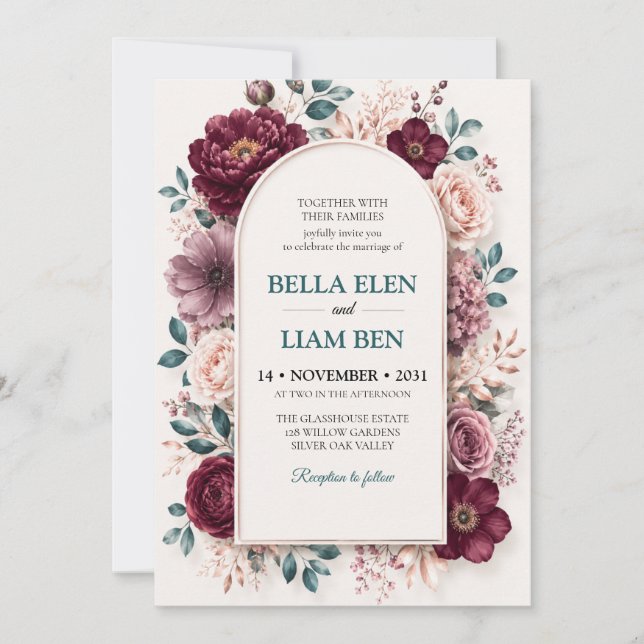 Modelo de Convite de Casamento Floral em Aquarela  (Frente)