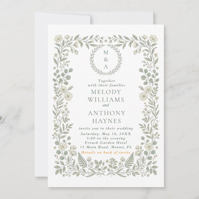 Modelo de Convite de Casamento Floral em Verde Saf (Frente)