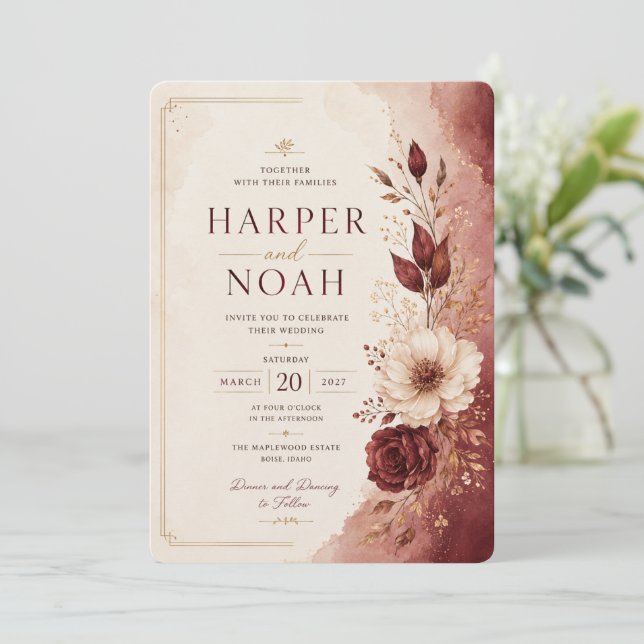 Modelo de Convite de Casamento Floral Luxuoso (Em pé/Frente)