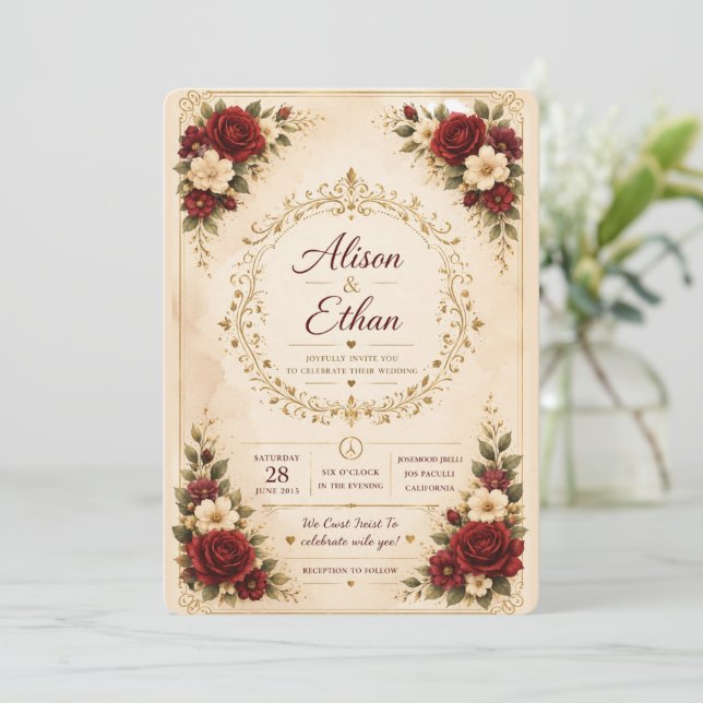 Modelo de Convite de Casamento Floral Luxuoso (Em pé/Frente)