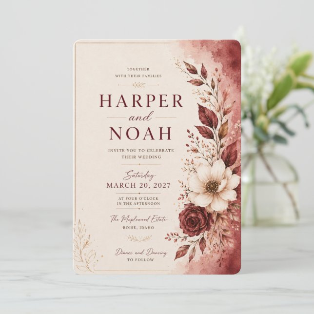 Modelo de Convite de Casamento Floral Luxuoso (Em pé/Frente)