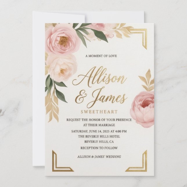 Modelo de Convite de Casamento Floral Rosa Elegant (Frente)