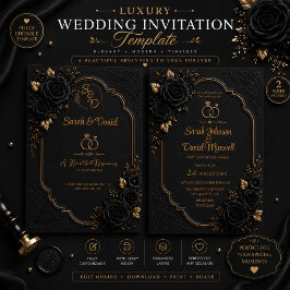 Modelo de Convite de Casamento Preto Dourado de Lu
