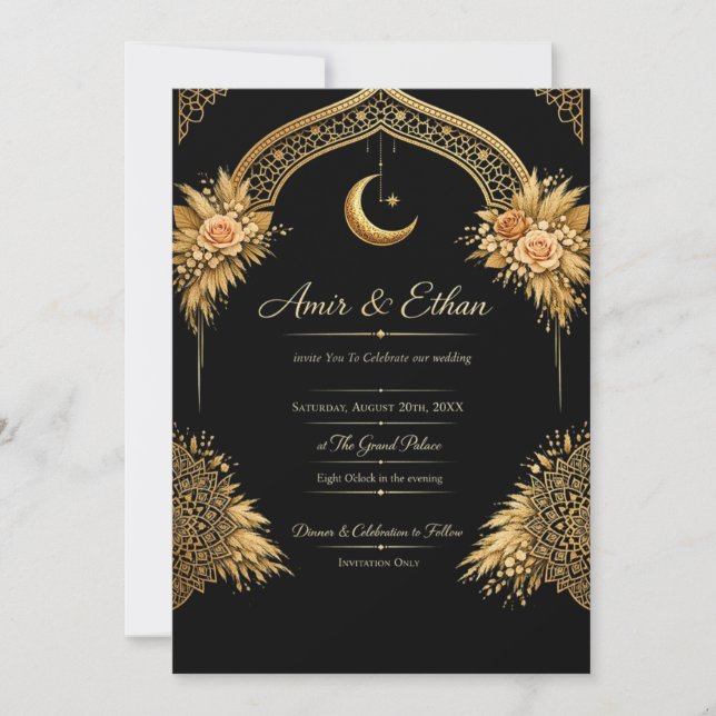 Modelo de Convite de Casamento Preto e Dourado | L (Frente)