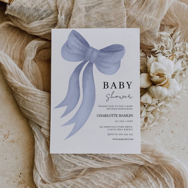 Modelo de Convite de Chá de fraldas Arco Azul (Blue Bow Baby Shower Invitation Template)