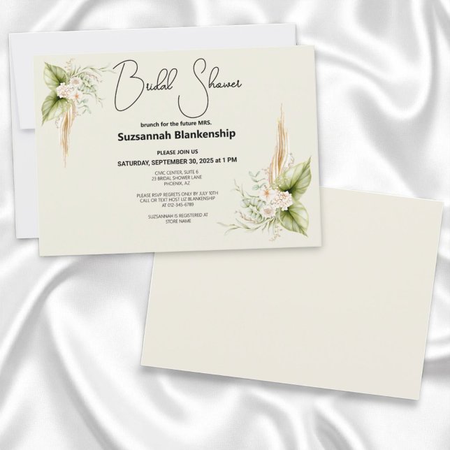 Modelo de Convite de Chá de Noiva em Taça de Champ (floral corner border invitation template front and solid color back)