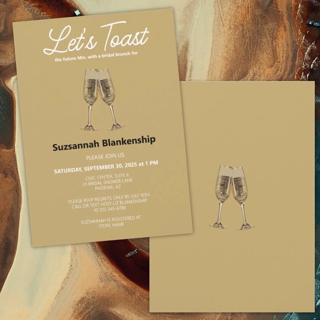 Modelo de Convite de Chá de Noiva para Brinde em T (Bridal shower invitation template featuring champagne flute glasses.)