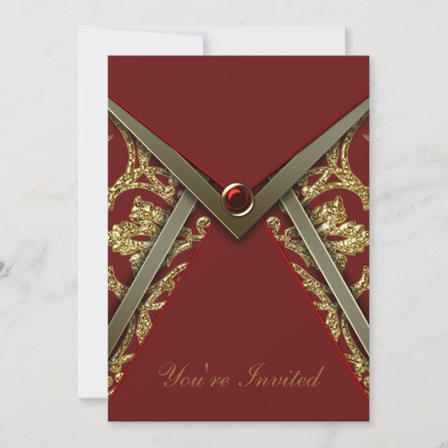 Modelo de Convite de Festa Dourado com Damask Verm (Frente)