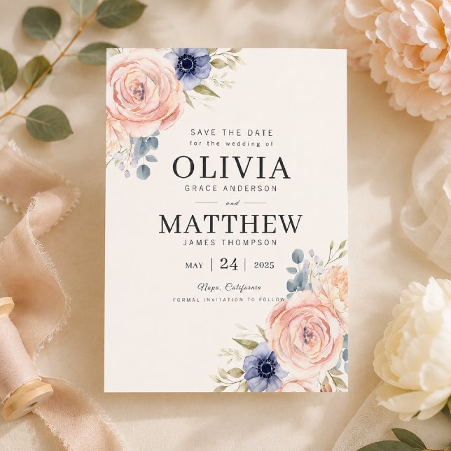 Modelo de Convite de Noivado com Peônias Romântica (Elegant floral Save the Date for your timeless wedding celebration.)