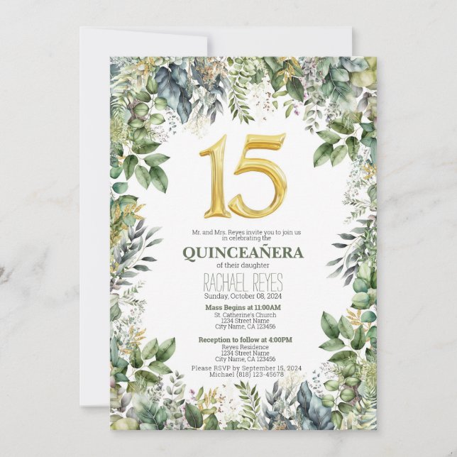 Modelo de Convite de Quinceañera com Verdura (Frente)
