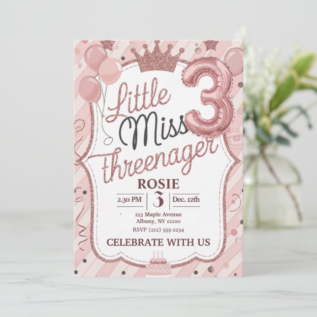 Modelo de Convite Little Miss Threenager (Em pé/Frente)