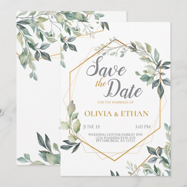 Modelo de Convite para Casamento de Folhas Verdes  (Frente/Verso)