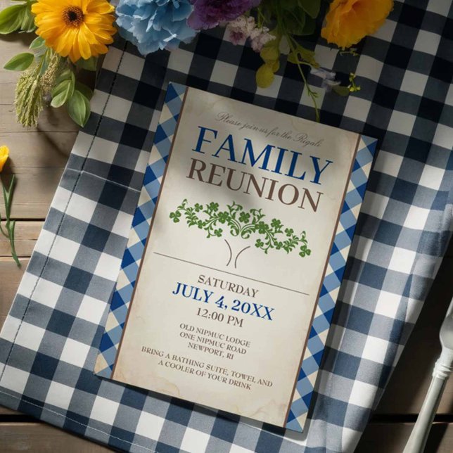 Modelo de Convites para Reunião de Família (Family reunion invitations blue gingham and tree.)