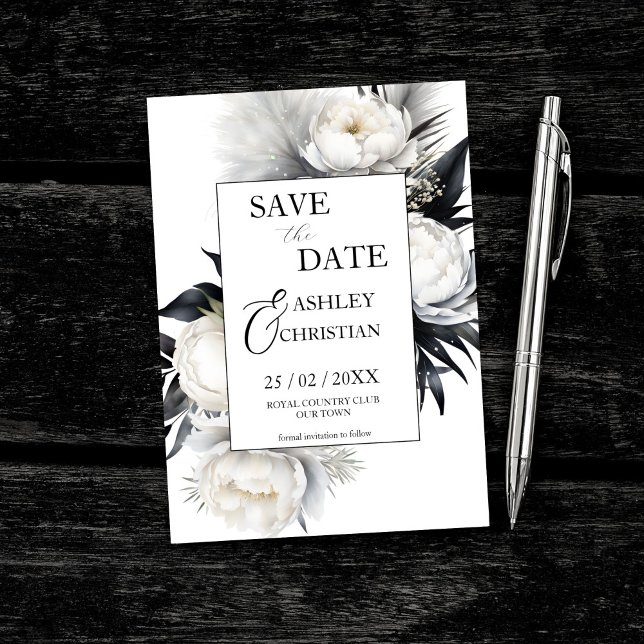Modelo de foto de flores brancas e pretas (Black and white peony flowers pampas grass photo editable template save the date card digital downlo)