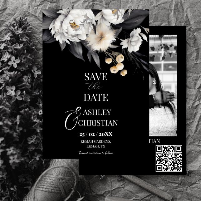 Modelo de foto de preto e branco elegante do livro (Black and white elegant boho editable photo template save the date modern qr details save the date)