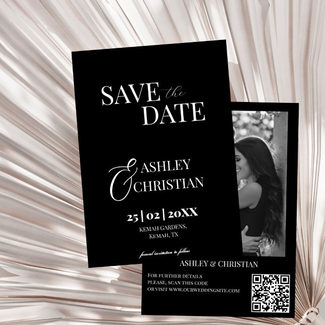Modelo de foto elegante preto e branco (Black and white simple elegant minimalist photo template save the date card black wedding cards)
