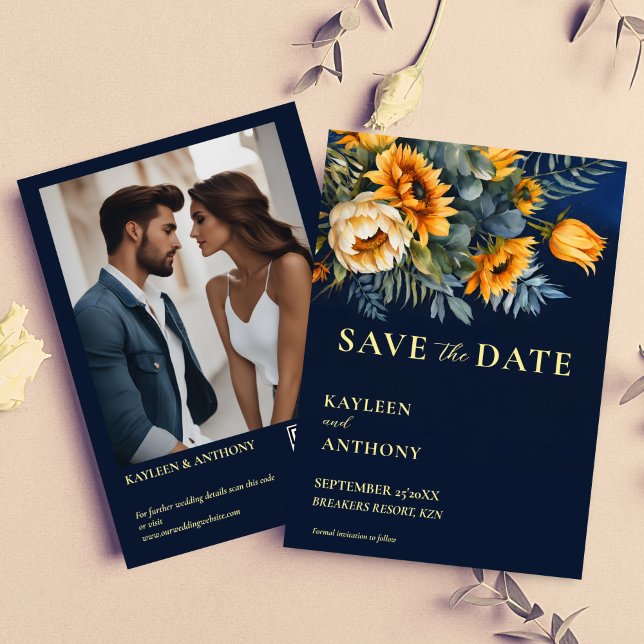 modelo de fotografia de girassóis com cor azul mar (Navy blue moody rustic sunflowers fall summer wedding photo template save the date card)
