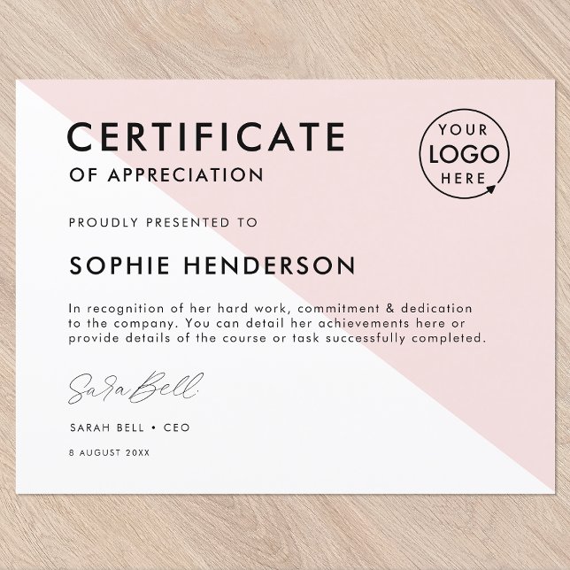 Modelo de logotipo profissional rosa certificado (Versatile award certificate template with your company logo for team recognition & appreciation!)