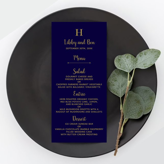 Modelo de Menu de Casamento Azul Marinho & Dourado (Criador carregado)