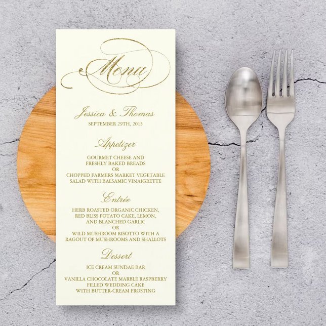 Modelo de Menu de Casamento de Folha Ouro Chic Fau (Criador carregado)