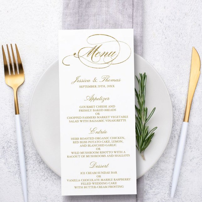 Modelo de Menu de Casamento de Folha Ouro Chic Fau (Criador carregado)