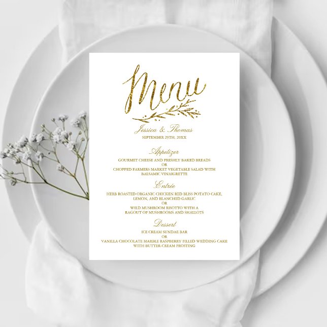 Modelo de Menu de Casamento de Folha Ouro Chic Fau (Criador carregado)
