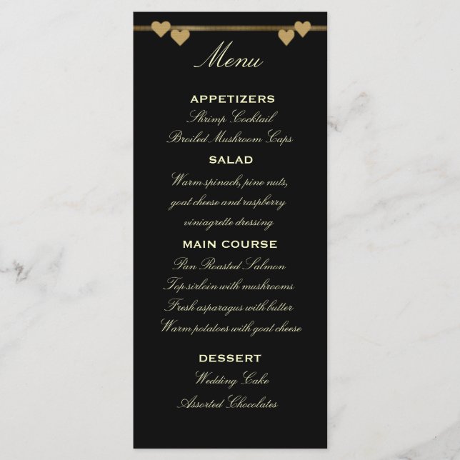 Modelo de Menu de Casamento Dourado e Preto (Frente)
