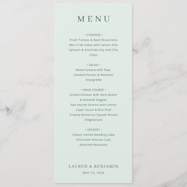 Modelo de Menu Verde Pálido Elegante (Frente)