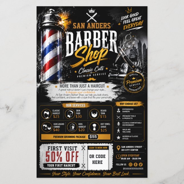 Modelo de panfleto de barbearia editável | Design  (Verso)