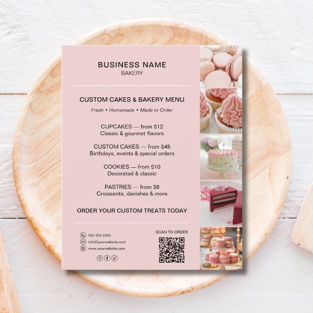 Modelo de Panfleto de Menu de Padaria com Código Q (Bakery Menu Flyer Template with QR Code)