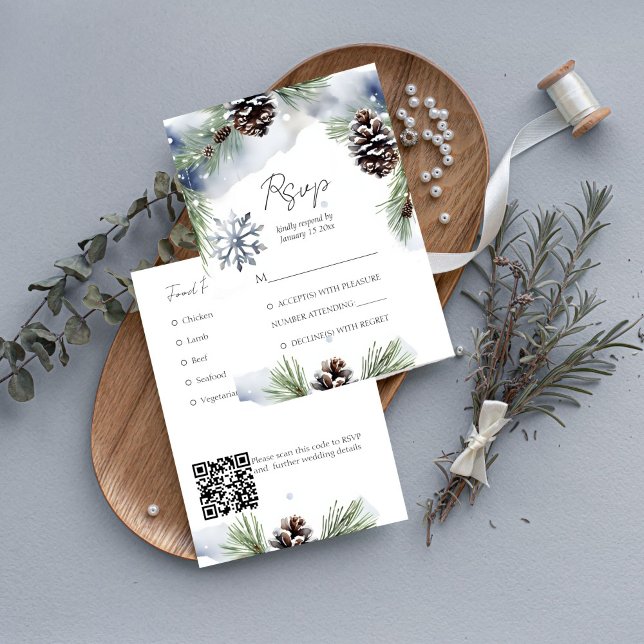 modelo de pinheiros de neve com aquarela casamento (Snowy pines winter wedding RSVP card with QR at the back watercolor pines with pine cones)