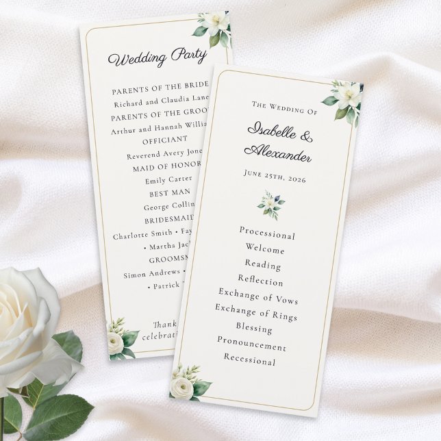 Modelo de Programa de Casamento Floral Elegante (An elegant wedding program personalized with the couple's names, wedding date and ceremony details)