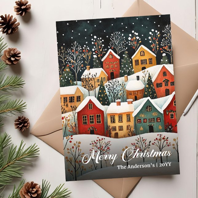Modelo de Saudação de Natal Retro com Cena de Nata (Retro Christmas Scene Holiday Greeting Template)