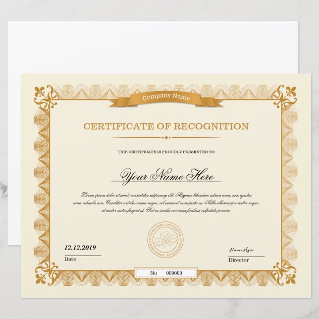 Modelo do Certificado de Apreciação do ouro do  (Frente/Verso)