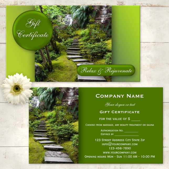 Modelo do Certificado de Beleza para Presente de M (Green and refreshing - spa, massage, sauna or beauty gift certificate)