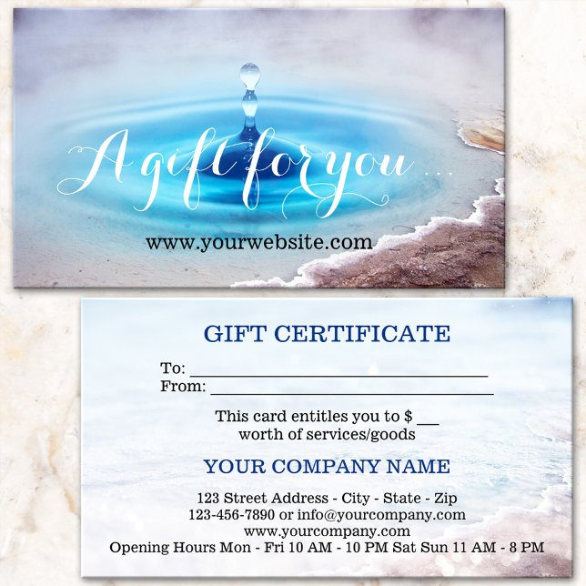 Modelo do Certificado de Presente de Massagem Spa  (Gift certificate card featuring an artistic representation of a hot water source - spa - wellness)