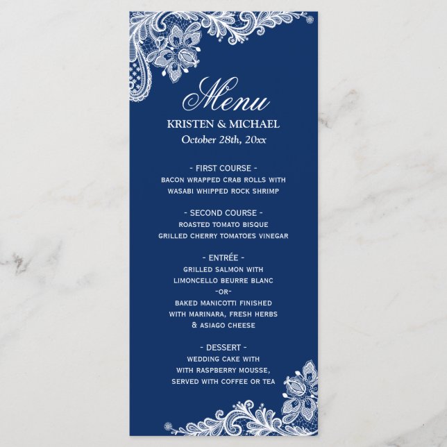 Modelo do Menu Marinho de Casamento Azul de Locaçã (Frente)